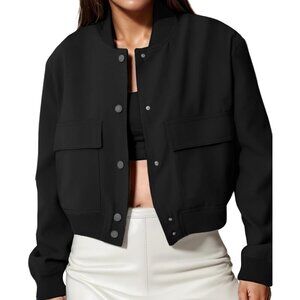 Womens Black Spring Varsity Bomber Jacket Cropped Button Down Casual Coat